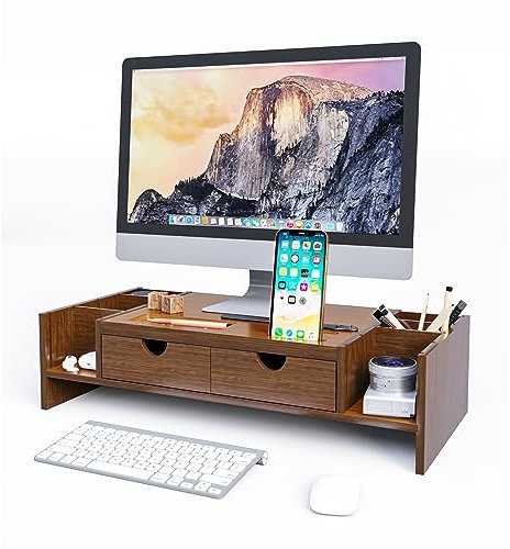 Crestlive Products - Supporto in bambù per monitor del computer, con organizer regolabile e cassetti, per computer portatile, porta stampante, colore: marrone antico
