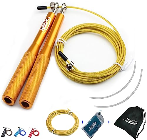 InnoTi Springseil Erwachsene Fitness für Damen & Herren – Speedrope Springseil Crossfit für Boxen – Anti-Rutsch Leichte Aluminium Griffe für Double Unders – Verstellbar und Mit Extraseil (GELB)