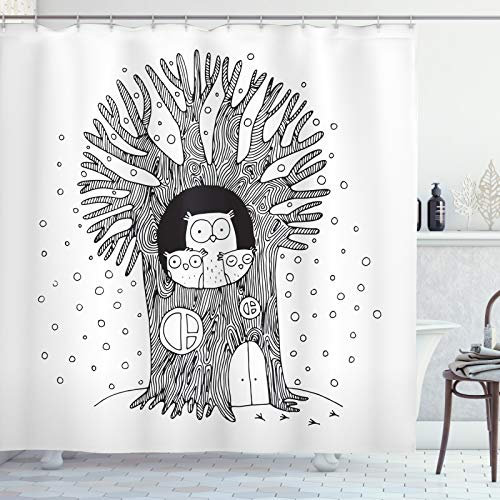 ABAKUHAUS Tree House Shower Curtain, Owl Family Home, Cloth Fabric Bathroom Decor Set with Hooks, 94 Inches, Black White
