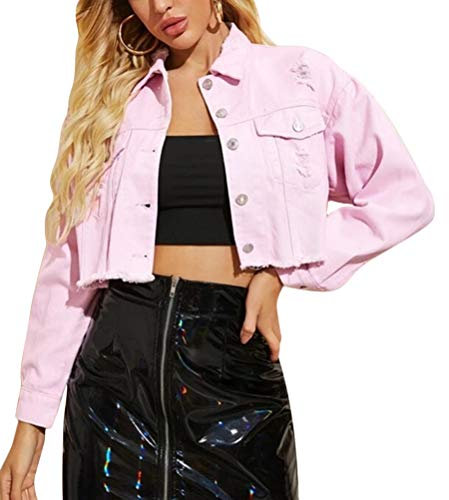 Minetom Donna Giacca in Jeans Corta Giubbotto Denim Manica Lunga Elegante Casual Cappotto Crop Tops con Bottoni Tasche Rosa M