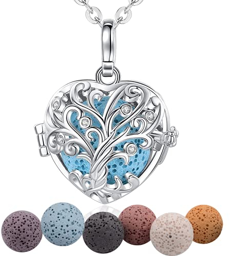 INFUSEU Aromatherapie Halskette, Versilbert Herzform Frauen Duftstein Der Baum des Lebens Anhänger Meditations Kette Stimmungskette Lavastein Diffuser Frauen Schmuck