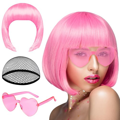 PLULON Rosa Kurze Bob Perücke und Sonnenbrille Set, Neon Kurze Bob Perücke Sonnenbrillen Pack Kostüm Bunte Cosplay Perücke Haarteile für Bachelorette Neon Party Favors, Halloween Dekorationen
