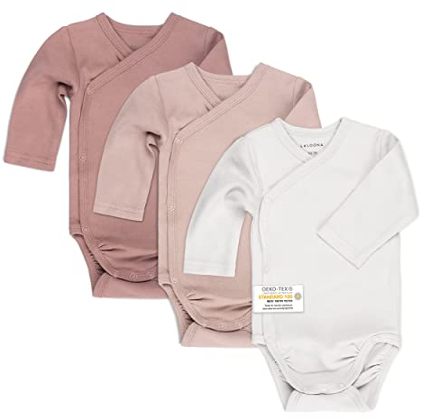 LaLoona Wickelbody Langarm 3er Pack - Baby Body Set aus Baumwolle, Langarmbody mit Knöpfen, OEKO-TEX® Standard 100 geprüft - 50-56 - Rosa