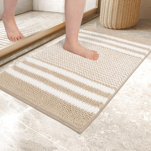 Biscpro Badematte 40 x 60 cm, rutschfest und Waschbar Chenille Badezimmerteppich, Badteppich Weicher Saugfähige Duschvorleger für Badezimme, Badewanne und Toilette, (Beige)