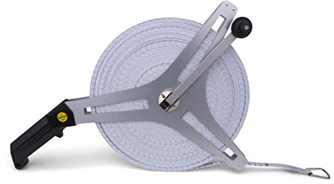 HAEST - Weiss Messband 100 Meter aus Glasfaser, Maßband mit stabilem Metallrahmen & robuster Kurbel, Beidseitige Zentimeter-Skala
