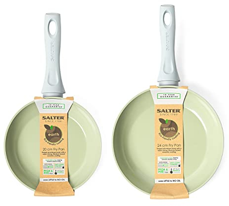 Salter COMBO-7528 Earth Frying Pan Set – Healthy Ceramic Non-Stick Coating, PFAS-Free Induction Cookware, Aluminium Cooking Skillets, Easy Clean, PFOA/PTFE-Free, Stay Cool Handle, 20/24cm, Green