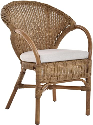Stapelbarer Rattansessel Rattan Sessel Lounge Rattanstuhl mit Armlehne Clubsessel Wintergartensessel (mit Kissen, Hell Braun)