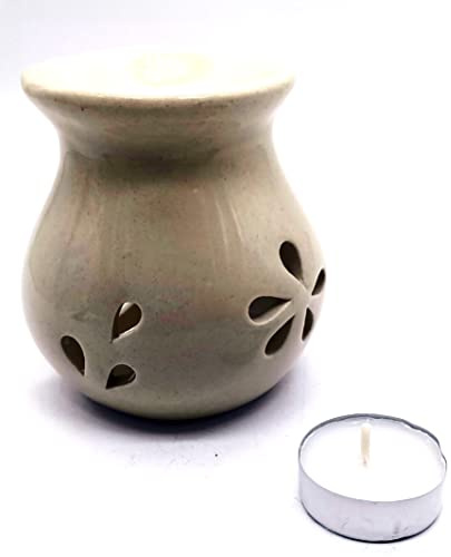 CRIGEMA - Brucia Essenze in Ceramica Beige - Bruciatore per Oli Essenziali - Aromaterapia, Decorazione casalinga, Meditazione - Candela Tealight in Regalo