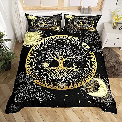 feelingyou Baum des Lebens Bettwäsche-Set,Sonne und Mond Boho Bettwäsche Set 200x200cm,Exotische Pflanzengeometrie Betten Set für Kinder Jungen Mädchen Teenager 3St.Reißverschluss Mikrofaser