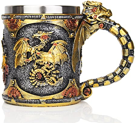 KTOTKMOTA Steampunk Gearwork Mechanical Dragon Cup 304 Stainless Steel Beer Coffee Cup Father Day Mug For Dragon Collector Lovers Themed Party Decoration (14OZ)