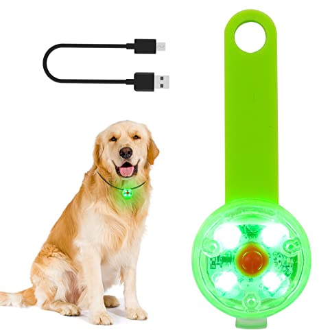 LMLMD LED Lumiere Chien Rechargeable par USB pour Harnais, Sécurité Pendentif Lumineux Chien avec Marque en Silicone Extensible Attachée au Collier, Laisse pour la Marche Nocturne, le Camping, Vert