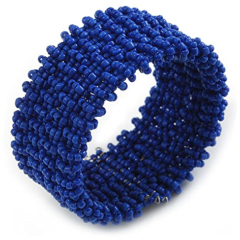 Avalaya Bracelet manchette réglable en perles de verre bleu fantaisie