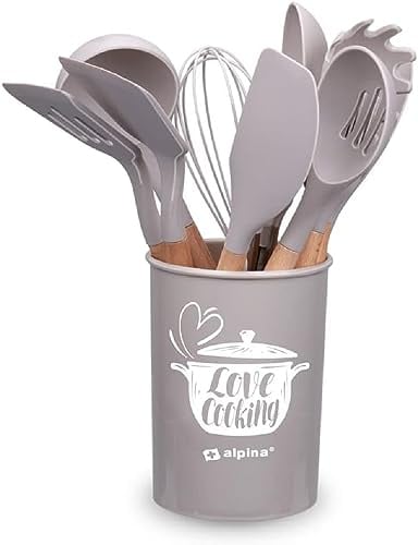 alpina Set di stoviglie da cucina con supporto, 12 pezzi, utensili in silicone con manico in legno, colore beige