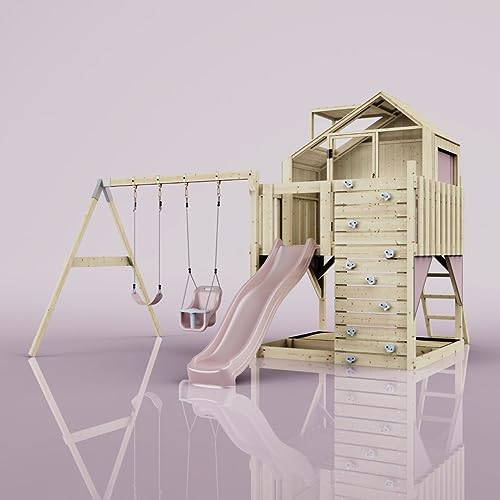 Rebo Spielturm mit Spielhaus inkl. Wellenrutsche, Kinder-Schaukel und Baby-Schaukel | Outdoor Klettergerüst Garten | Kletterwand und Kletterleiter | Stabile Konstruktion