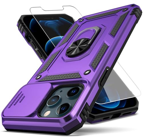 YZOK for iPhone 12 Pro Max Case,with Camera Lens Cover HD Screen Protector,[Military Grade] Ring Car Mount Kickstand Hybrid Hard PC Soft TPU Shockproof Protective Case for iPhone 12 Pro Max-Purple
