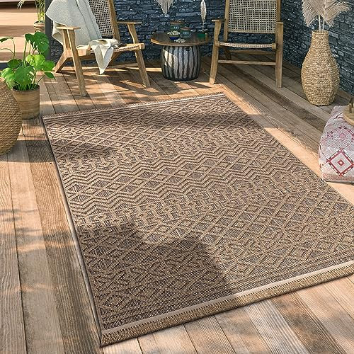 Paco Home Hochwertiger Outdoor Teppich Wetterfest & Pflegeleicht Jute-Sisal-Optik mit Fransen & Hoch-Tief-Effekt Langlebig für Terrasse, Balkon, Garten & Küche, Grösse:240x340 cm, Farbe:Beige