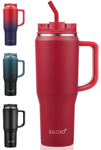 EALGRO Bicchiere da 1,18 ml con manico, bicchieri isolati con coperchio e cannuccia, grande borraccia sportiva in metallo, tazza termica da viaggio in acciaio inossidabile, rossa