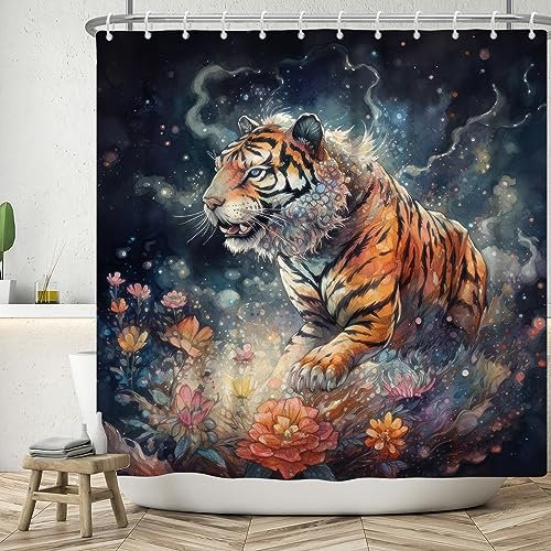 ASDCXZ Tiger Duschvorhang 180x200 cm, Kunst Aquarell Dominant Tiger Tier Rose Bunt Blumen Bad Waschbar Duschvorhänge Polyester Textil Wasserdicht Badevorhang für Badewanne mit 12 Haken