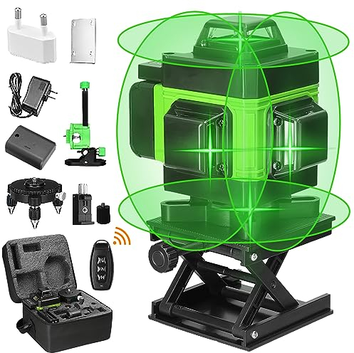 4 x 360° Laser Level, 4D 16Line Green Lazer Level, Self-Leveling 360 Lasers Levels, Horizontal & Vertical Laser, Remote Control, Rechargeable Battery 2 * 2600 MAh