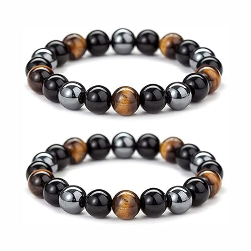 SYQZMYA 2 Stück obsidian Verstellbare tigerauge armband heilsteine armband Dreifachem Schutz Hämatit Armband,schwarzer turmalin armband obsidian stein Geschenk für ihn,Ehemann,Freund,Vater