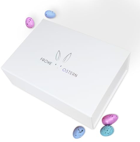Verpackungswelt Oster Geschenk-Karton mit Deckel | | Geschenk-Box zu Ostern mit Magnet-Verschluss | Perfekt für Oster-Geschenke | Geschenk-Verpackung in Weiß mit Osterhasen-Motiv