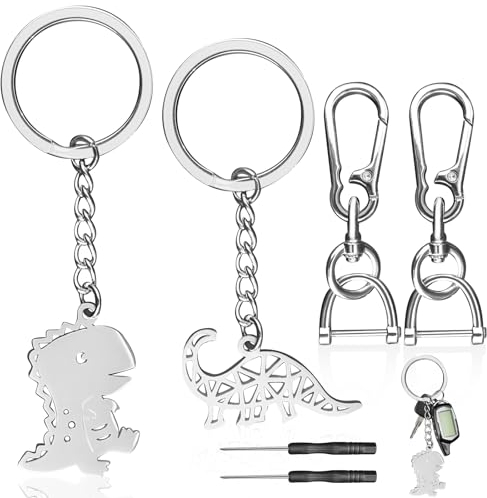 cersaty® 2 Stück Schlüsselanhänger Dino, Edelstahl Dinosaur Keychain mit 2 Stk 8-Förmige+Hufeisenschnalle für Männer, Frauen, DIY Geburtstag Geschenk
