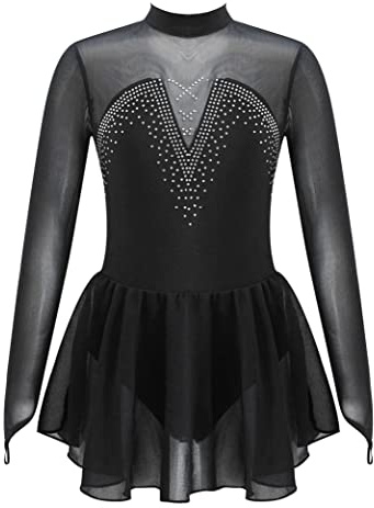Kvysinly Mädchen Eiskunstlauf Kleid Langarm Tanzkleid Mit Strass Einfarbig Ballettanzug Rock Gymnastik Ballett Trikot