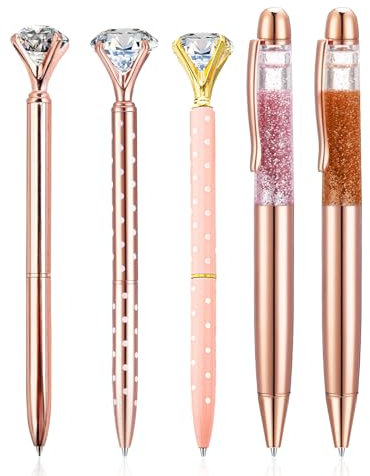 5 Pcs Black Ballpoint Pens Diamond Crystal Pens Rose Gold Metal Ballpoint Pen 1.0mm Liquid Sand Glitter Pen Black Biro Pens Multipack Bling Ballpoint Pens for School Stationery Office Supplies