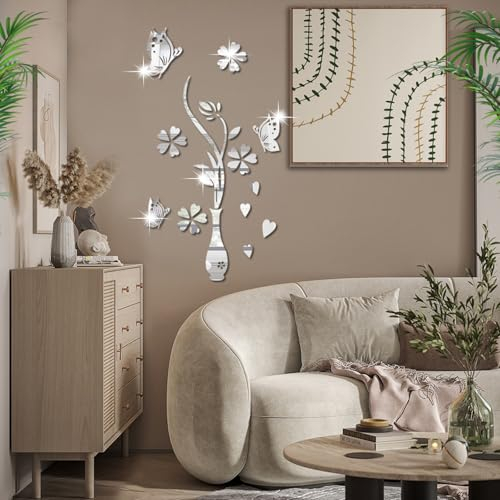 Shackcom 3D Wandtattoo Schmetterlingsvase Spiegel Wandaufkleber Selbstklebend Acrylspiegel Wandsticker DIY Wandtattoos Dekorative Wandspiegel Aufkleber für Wohnzimmer Schlafzimmer Dekor