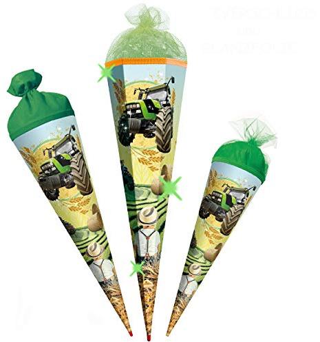 Schultüte - mit 3D Glitzer - Effekt ! - Traktor - Farmer - 22-85 cm - Größe wählbar - mit Holzspitze - 6 eckig - Tüllabschluß - Zuckertüte - Roth - Spitze a..