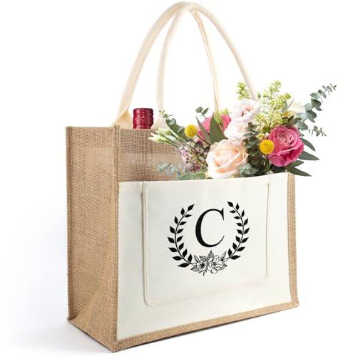 Sac en Toile de Jute avec Lettre, Sac Fourre-Tout Initiale, Sac en Toile de Jute Portable, Sac Cabas Jute Alphabet, Cadeau pour Femme, Maman, Amis, Cadeau pour Anniversaire, Fête des mères (C)