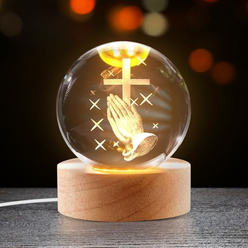 3D Kristallkugel Nachtlicht, Kreative Heilige Kristallkugel mit Jesus Figur, LED Glaskugel Lampe mit Holzsockel, 3D Kristall Gebet Hände Jesus Kreuz Statue Religiöse Geschenke