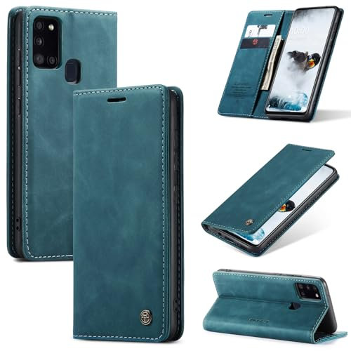 Cracedily Handyhülle für Samsung Galaxy A21s Hülle, Klapphülle Premium Lederhülle Klappbar Flip Case Tasche Magnet Kartenfach Standfunktion Klapphülle Schutzhülle für Galaxy A21S, Blaugrün