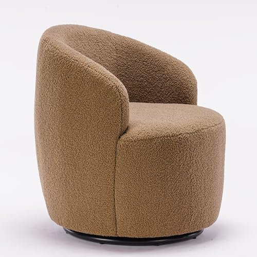 FARRINGTON Teddy-Drehsessel, Runder Boucle Sessel mit 360° Drehbarem Metallfuß, Bequemer Gemütlicher Drehstuhl Ohne Rollen Schminktisch Stuhl Armlehnstuhl Lesesessel (Braun)