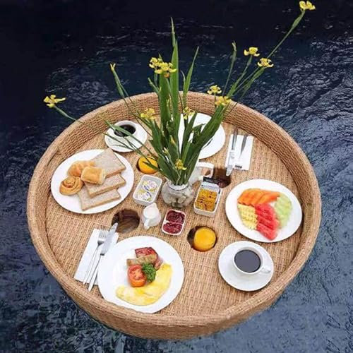 LFONDIGE Floating Pool Tray Float Lounge Refreshment Table Tray Rattan Woven Table Bar for Camping Party,A-80cm