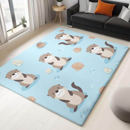 Teppich Cartoon-Otter Wohnzimmer Teppich 160 x 230 cm rutschfest Modern 3D Effekt Fußmatte für Flur, Schlafzimmer, Flanell Bodenmatte Geeignet für Wohnkultur