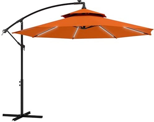 Outsunny 3(m) Cantilever Banana Parasol Hanging Umbrella with Double Roof, LED Solar lights, Crank, 8 Sturdy Ribs and Cross Base for Outdoor, Garden, Patio, Orange