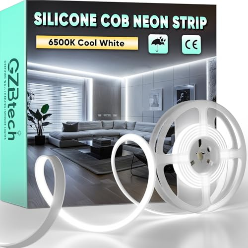 GZBtech AC 230V COB LED Streifen 1M, Silikon Weiß 6500K Wasserdicht 286LEDs/M Dimmbar Outdoor Neon Lichtleiste LED Strip Light für Schlafzimmer, Wand, Küche, Wohnzimmer,DIY Dekoration