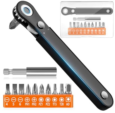 12 Stück Ratschenschlüssel Magnetisch, Mini Ratschen Schraubenschlüssel 100mm Winkelschraubendreher mit Phillips, Schlitz, Torx, Sechskant, Vierkant, Pozidriv für Autos, Fahrräder, Häuser, DIY