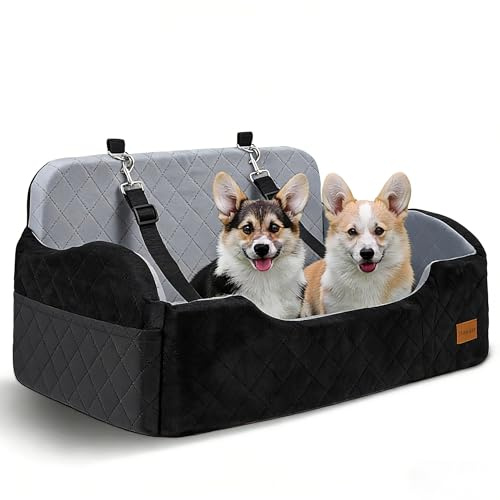 Hunde autositz für mittlerer/große Hunde, 2 Klipsbare Verstellbare Sicherheitsleine, Autohundebett für 2 Kleine Hundes, Vollständig Abnehmbare und Waschbare Karzsitz Aufbewahrungstaschen (Schwarz)