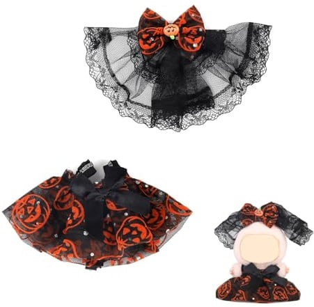 Taicols 17 cm Puppenkleidung für Halloween, Kleidung für Puppe mit Süßes Kürbisrock und Schleifenschleier, Halloween Bekleidung für Plüsch Puppe, Horror Kostümzubehör, für Mädchen DIY Geschenke