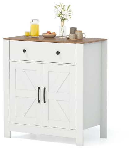 COSTWAY Sideboard, Küchenschrank mit Arbeitsplatte, Schublade, 2 Türen & verstellbares Regal, Buffetschrank Landhausstil, Aufbewahrungsschrank für Küche, Esszimmer & Wohnzimmer, Weiß