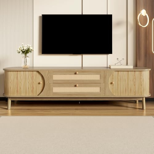 BTM TV Cabinet – Natural Wood-Blend TV Cabinet with Doors and Drawers. TV Stand with Rattan Sides. Storage Solution, Natural Country Style