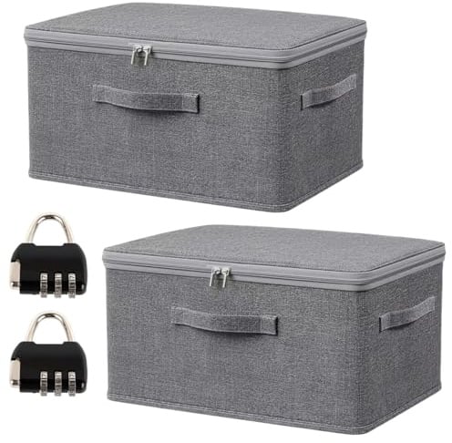 Rthynti 2 Pcs Lockable Fabric Storage Box with 2 Combination Lock, 30 X 20 X 14 cm Lockable, Large Collapsible Clothes Wardrobe Storage Box with Lid for Bedding Clothes Toys Medicines