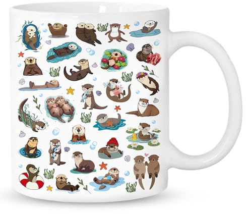 Otter Tasse, Otter Geschenk für Frauen, Männer und Kinder, 350ml Cartoon Keramik Tasse mit Doppelseitiger Druck, Schöne Tassen Kaffeetassen für Büro und Heim, Lustig Keramik Kaffee Tee Mug (Otter)