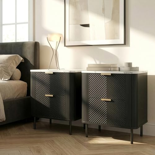 [en.casa] Nachttisch 2er Set Olvehok 55 x 52 x 38 cm Nachtschrank mit 2 Schubladen Beistelltisch Nachtkommode Metallbeine Nachtkästchen Schwarz/Marmoroptik, weiß