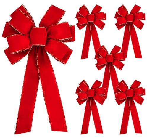 6 Pcs Large Christmas Bow, 31 x 11 Golden Edged Red Velvet Wreath Bow