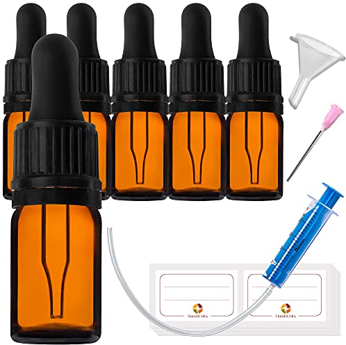 HandsUnity 5ml-6Stk Pipettenflasche kleine Glasflasche - Apothekerglas set aus Bernsteinglas mit schwarzer Pipettenkappe Inklusive 29 Stk Hilfszubehör