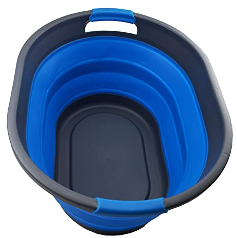 SAMMART 32L zusammenklappbarer Kunststoff-Wäschekorb – Faltbarer Pop-Up-Aufbewahrungsbehälter/Organizer – Tragbare Waschwanne – Platzsparender Wäschekorb/Korb, Wasserkapazität: 24L (1, Grau/Blau)