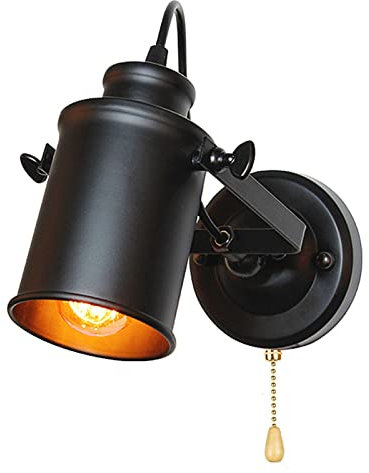 LED Indoor Vintage Wall Lamps Lights with Pull Cord Switch, E27 Black Industrial Wall Lights Adjustable Freely 180° Wall Sconces with Switch Rotatable for Bedroom Cafe Living Room Nursery (1 Pack)